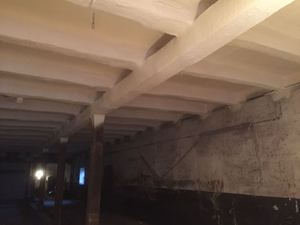 Beschichten einer Holzbalkendecke um diese gut desinfizieren zu können